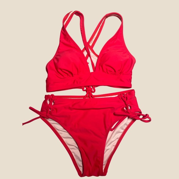 Cupshe Other - Cupshe Red Lace Up High Waisted Two Piece Bikini Set XS